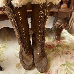 MIU MIU Suede and Wool Fleece Lace Up/ Side Zip Boots 37 1/2 Made in Italy